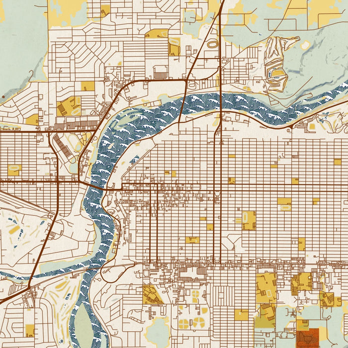 Great Falls Montana Map Print in Woodblock Style Zoomed In Close Up Showing Details