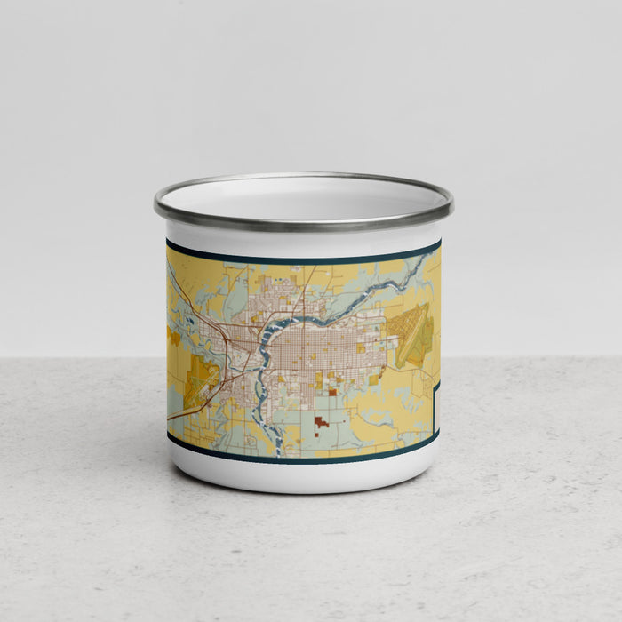 Front View Custom Great Falls Montana Map Enamel Mug in Woodblock