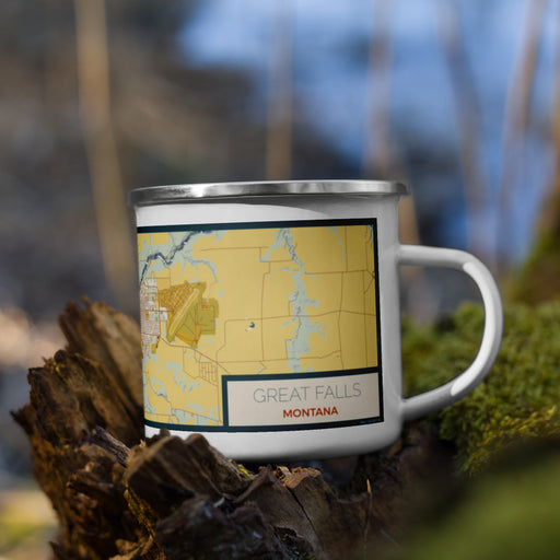 Right View Custom Great Falls Montana Map Enamel Mug in Woodblock on Grass With Trees in Background
