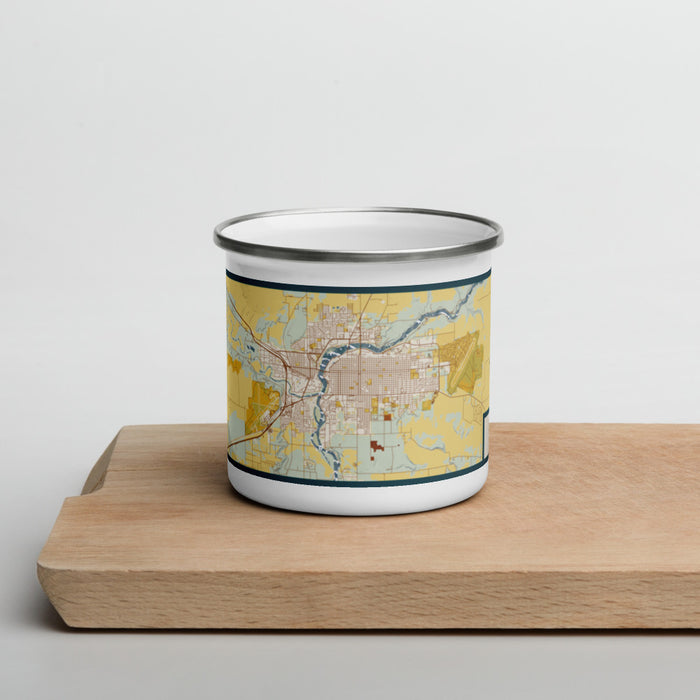 Front View Custom Great Falls Montana Map Enamel Mug in Woodblock on Cutting Board