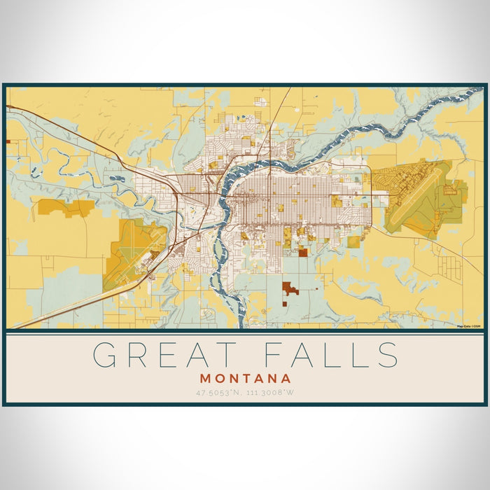 Great Falls Montana Map Print Landscape Orientation in Woodblock Style With Shaded Background