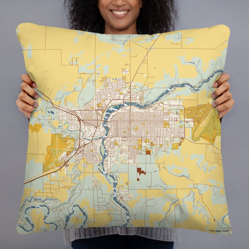 Person holding 22x22 Custom Great Falls Montana Map Throw Pillow in Woodblock