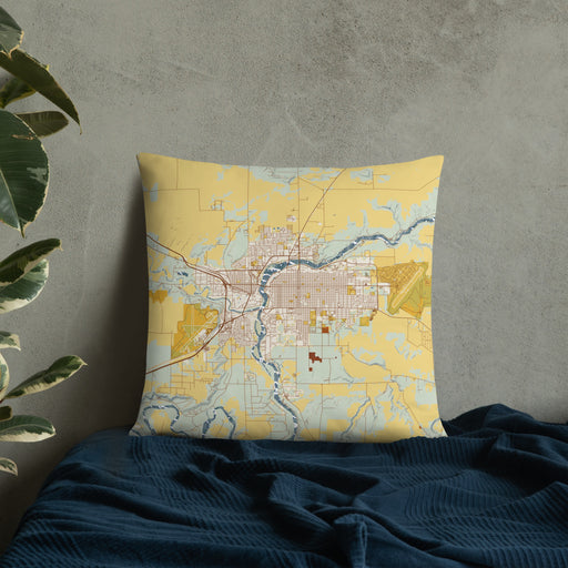 Custom Great Falls Montana Map Throw Pillow in Woodblock on Bedding Against Wall