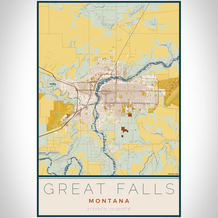 Great Falls Montana Map Print Portrait Orientation in Woodblock Style With Shaded Background