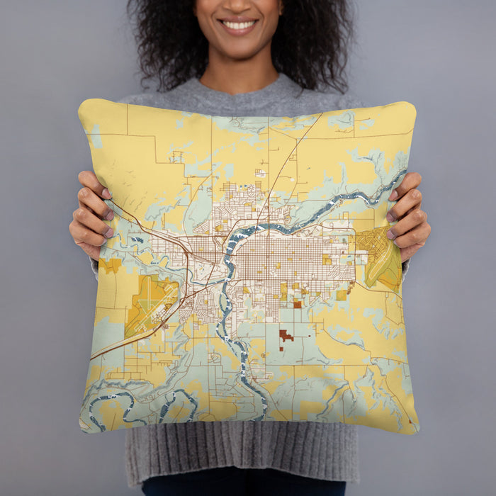 Person holding 18x18 Custom Great Falls Montana Map Throw Pillow in Woodblock