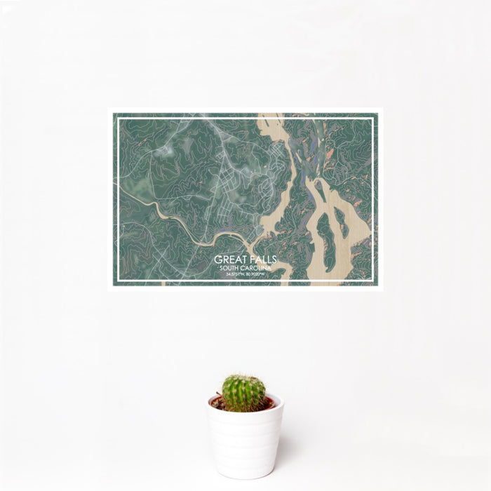 12x18 Great Falls South Carolina Map Print Landscape Orientation in Afternoon Style With Small Cactus Plant in White Planter