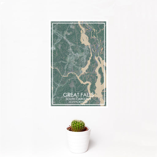 12x18 Great Falls South Carolina Map Print Portrait Orientation in Afternoon Style With Small Cactus Plant in White Planter