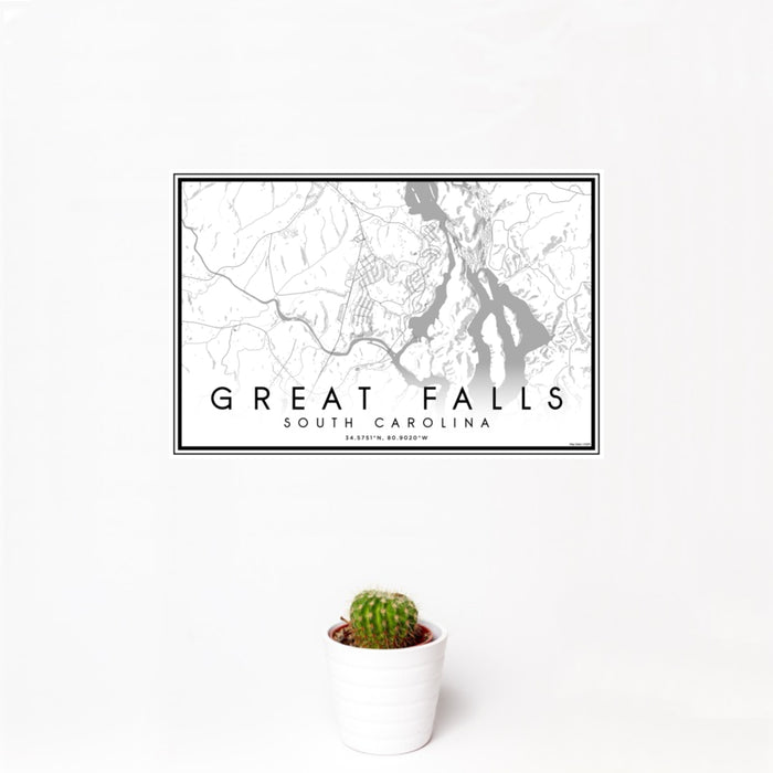 12x18 Great Falls South Carolina Map Print Landscape Orientation in Classic Style With Small Cactus Plant in White Planter