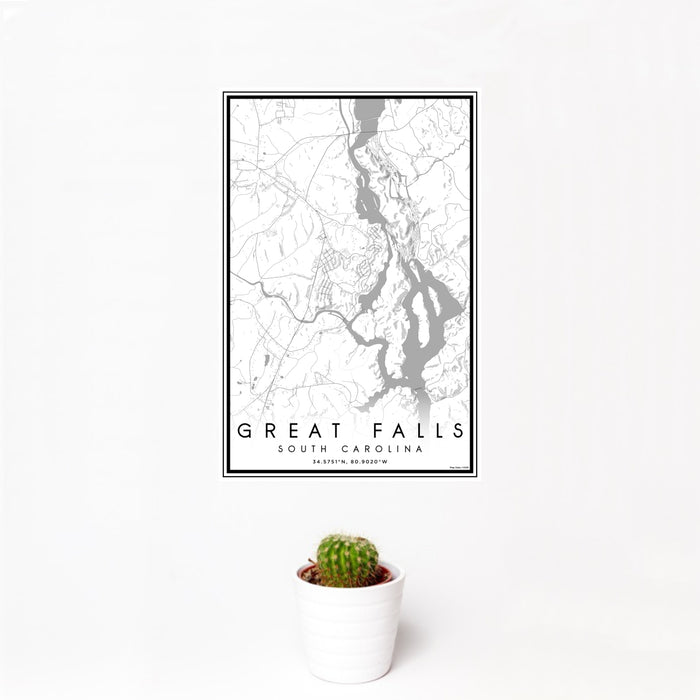12x18 Great Falls South Carolina Map Print Portrait Orientation in Classic Style With Small Cactus Plant in White Planter