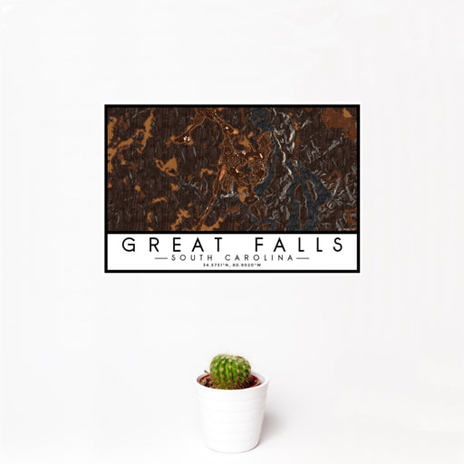 12x18 Great Falls South Carolina Map Print Landscape Orientation in Ember Style With Small Cactus Plant in White Planter
