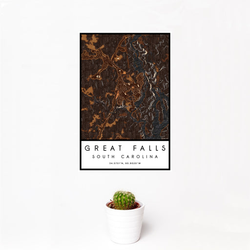 12x18 Great Falls South Carolina Map Print Portrait Orientation in Ember Style With Small Cactus Plant in White Planter