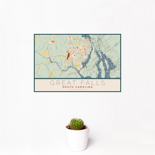 12x18 Great Falls South Carolina Map Print Landscape Orientation in Woodblock Style With Small Cactus Plant in White Planter