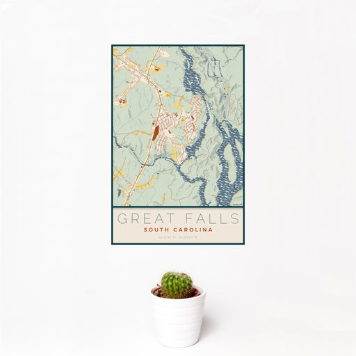 12x18 Great Falls South Carolina Map Print Portrait Orientation in Woodblock Style With Small Cactus Plant in White Planter