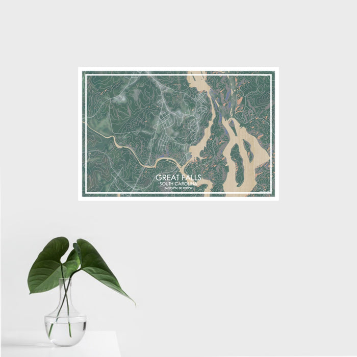 16x24 Great Falls South Carolina Map Print Landscape Orientation in Afternoon Style With Tropical Plant Leaves in Water