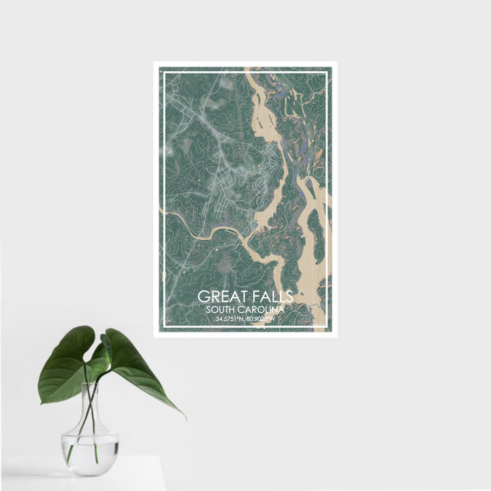 16x24 Great Falls South Carolina Map Print Portrait Orientation in Afternoon Style With Tropical Plant Leaves in Water