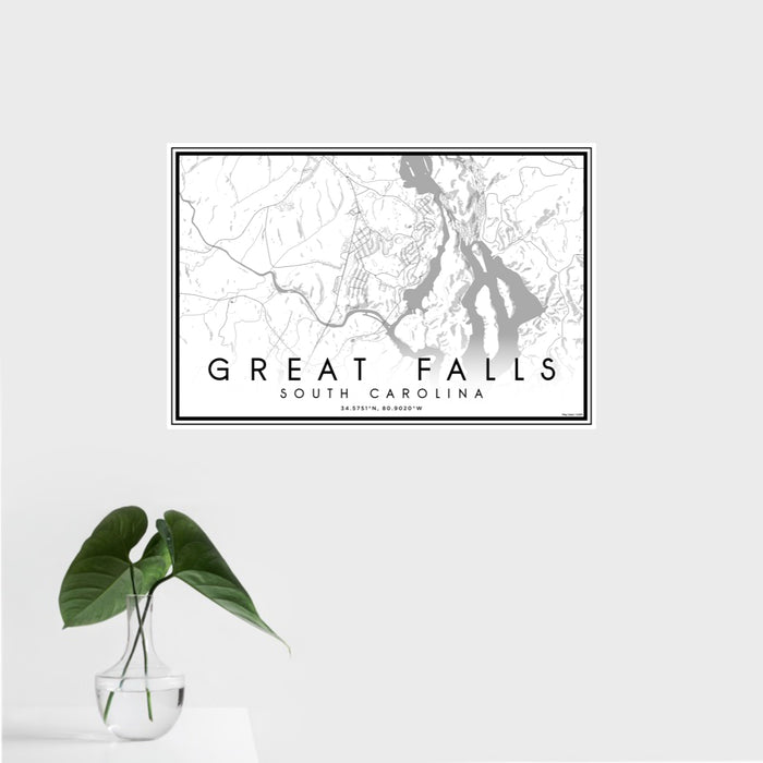 16x24 Great Falls South Carolina Map Print Landscape Orientation in Classic Style With Tropical Plant Leaves in Water