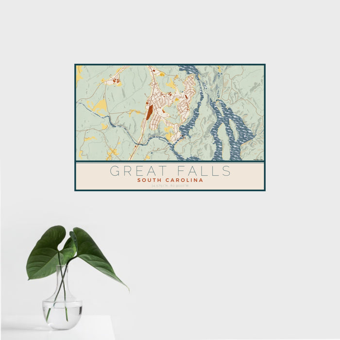 16x24 Great Falls South Carolina Map Print Landscape Orientation in Woodblock Style With Tropical Plant Leaves in Water