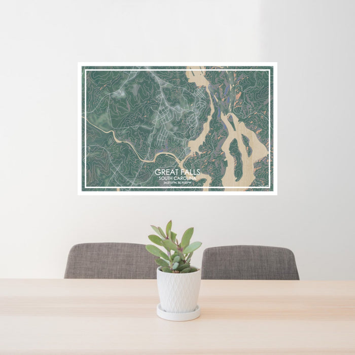 24x36 Great Falls South Carolina Map Print Lanscape Orientation in Afternoon Style Behind 2 Chairs Table and Potted Plant