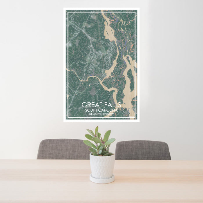 24x36 Great Falls South Carolina Map Print Portrait Orientation in Afternoon Style Behind 2 Chairs Table and Potted Plant
