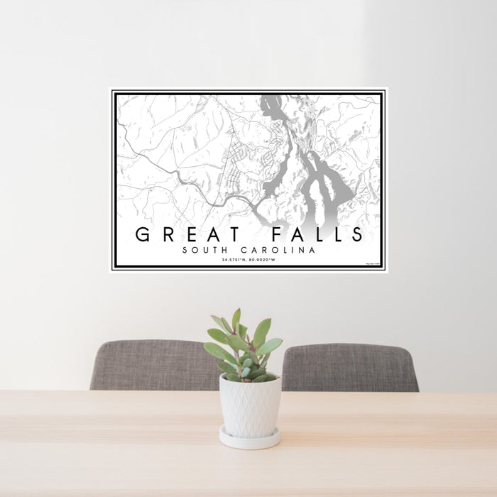 24x36 Great Falls South Carolina Map Print Lanscape Orientation in Classic Style Behind 2 Chairs Table and Potted Plant