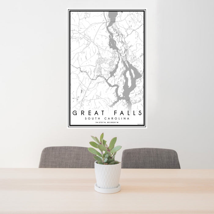 24x36 Great Falls South Carolina Map Print Portrait Orientation in Classic Style Behind 2 Chairs Table and Potted Plant