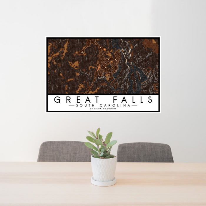 24x36 Great Falls South Carolina Map Print Lanscape Orientation in Ember Style Behind 2 Chairs Table and Potted Plant