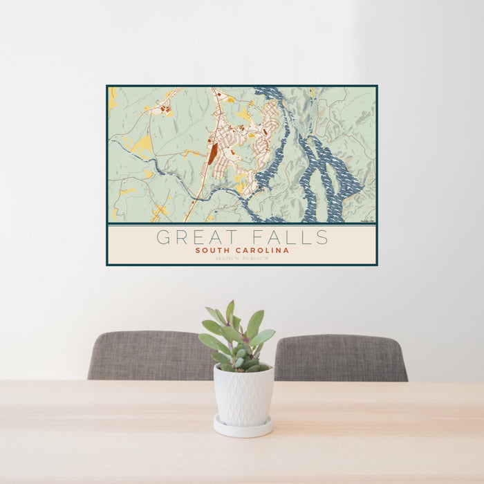 24x36 Great Falls South Carolina Map Print Lanscape Orientation in Woodblock Style Behind 2 Chairs Table and Potted Plant
