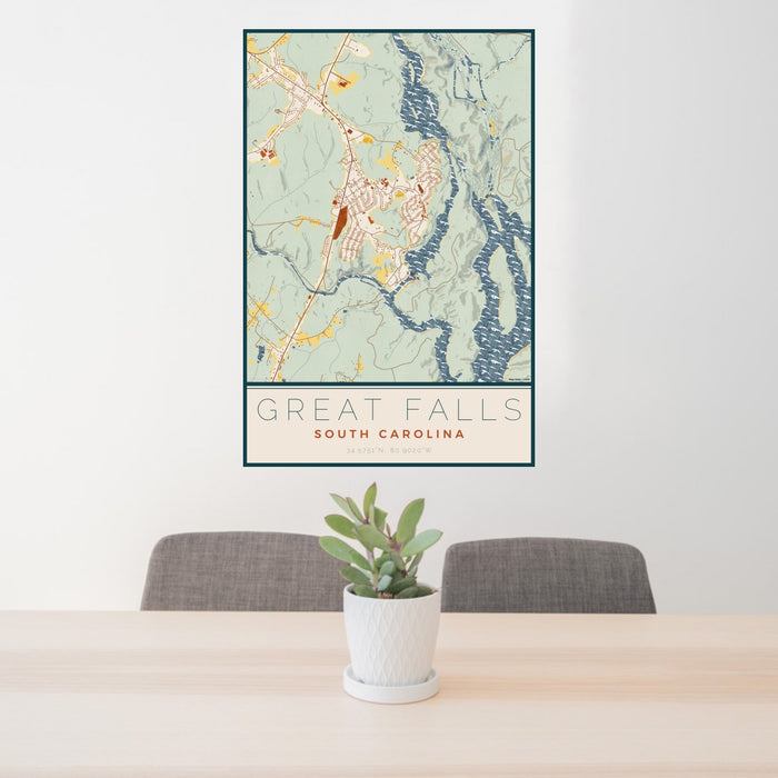 24x36 Great Falls South Carolina Map Print Portrait Orientation in Woodblock Style Behind 2 Chairs Table and Potted Plant