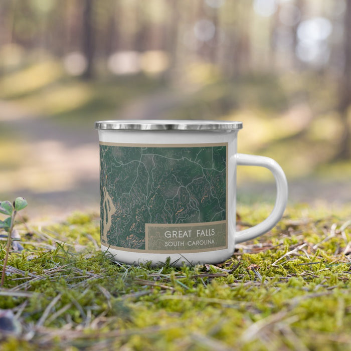 Right View Custom Great Falls South Carolina Map Enamel Mug in Afternoon on Grass With Trees in Background
