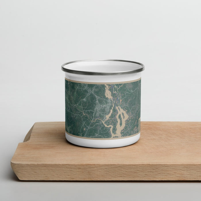 Front View Custom Great Falls South Carolina Map Enamel Mug in Afternoon on Cutting Board