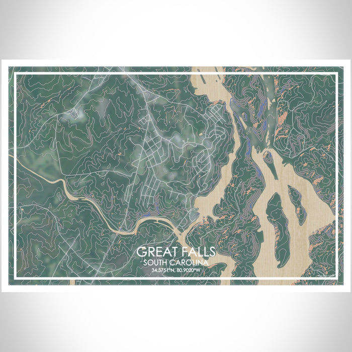 Great Falls South Carolina Map Print Landscape Orientation in Afternoon Style With Shaded Background