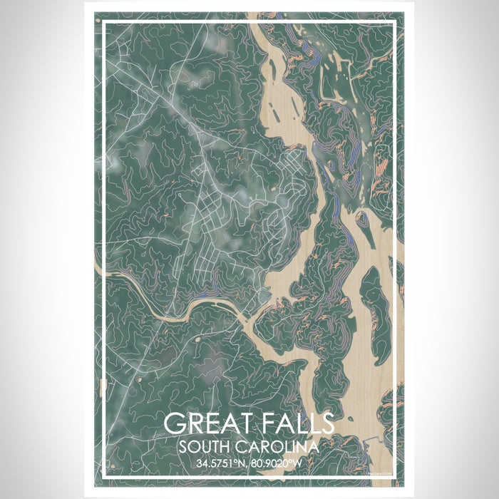 Great Falls South Carolina Map Print Portrait Orientation in Afternoon Style With Shaded Background
