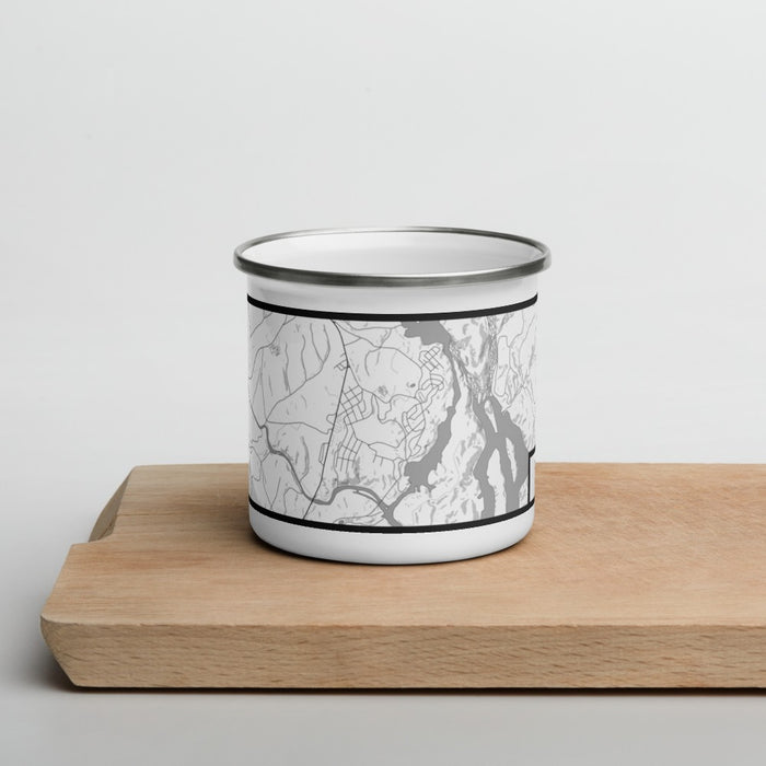 Front View Custom Great Falls South Carolina Map Enamel Mug in Classic on Cutting Board