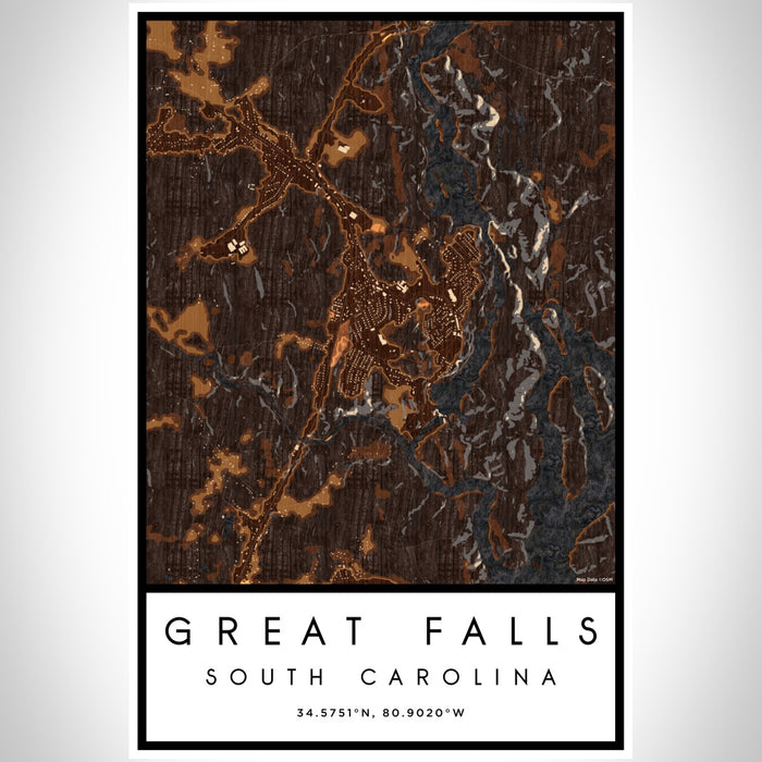 Great Falls South Carolina Map Print Portrait Orientation in Ember Style With Shaded Background