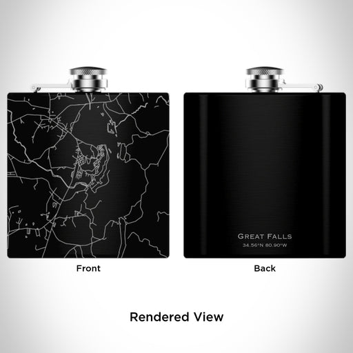 Rendered View of Great Falls South Carolina Map Engraving on 6oz Stainless Steel Flask in Black