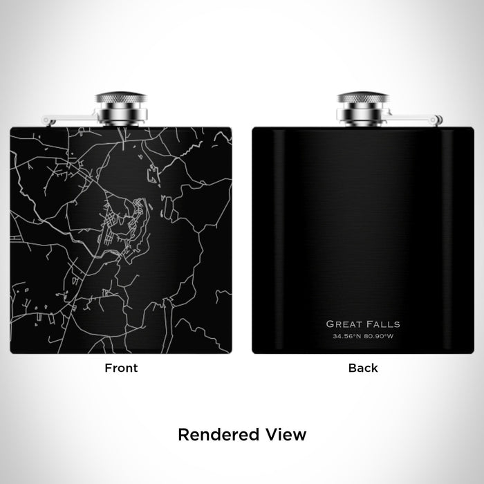 Rendered View of Great Falls South Carolina Map Engraving on 6oz Stainless Steel Flask in Black