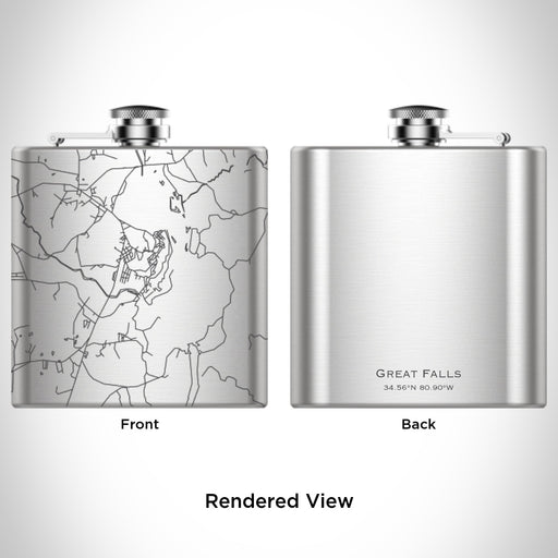 Rendered View of Great Falls South Carolina Map Engraving on 6oz Stainless Steel Flask