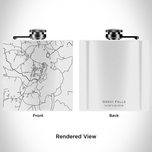 Rendered View of Great Falls South Carolina Map Engraving on 6oz Stainless Steel Flask in White