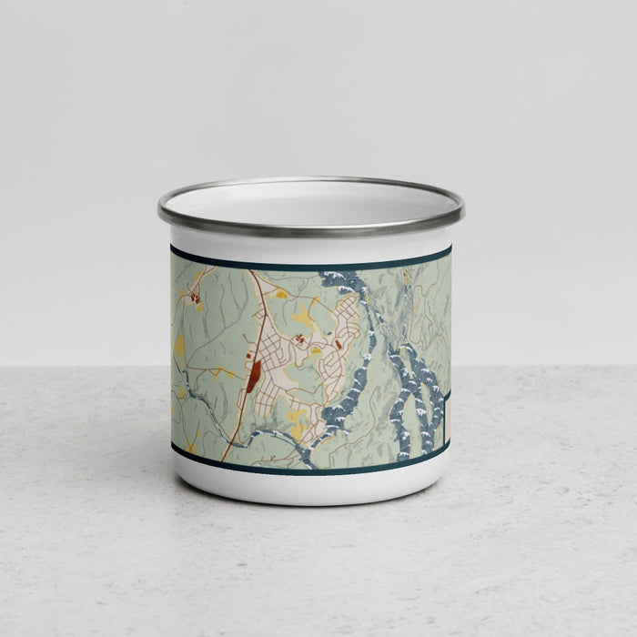 Front View Custom Great Falls South Carolina Map Enamel Mug in Woodblock