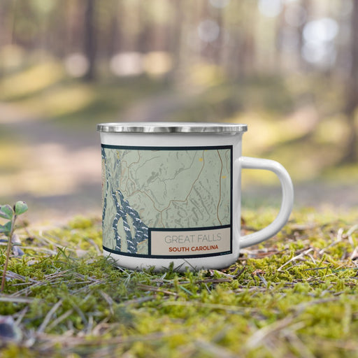 Right View Custom Great Falls South Carolina Map Enamel Mug in Woodblock on Grass With Trees in Background