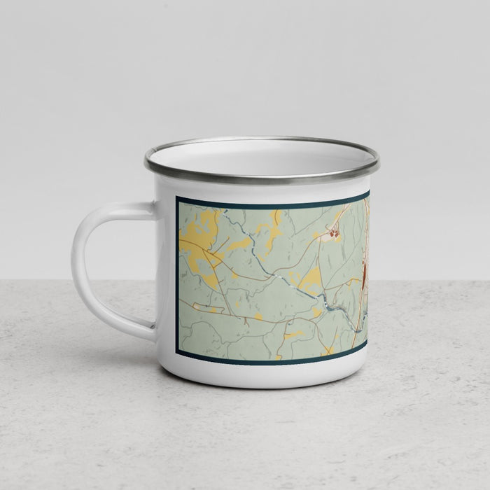 Left View Custom Great Falls South Carolina Map Enamel Mug in Woodblock