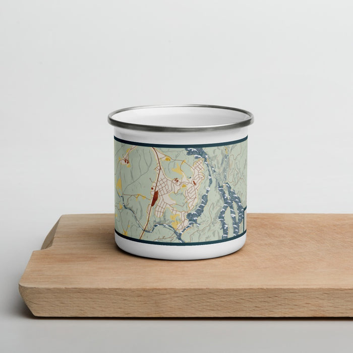 Front View Custom Great Falls South Carolina Map Enamel Mug in Woodblock on Cutting Board