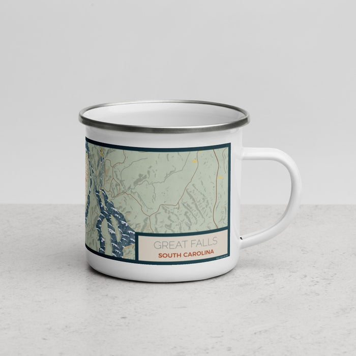 Right View Custom Great Falls South Carolina Map Enamel Mug in Woodblock