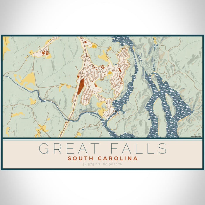 Great Falls South Carolina Map Print Landscape Orientation in Woodblock Style With Shaded Background