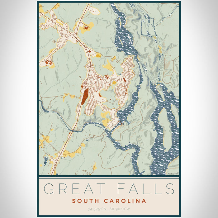 Great Falls South Carolina Map Print Portrait Orientation in Woodblock Style With Shaded Background