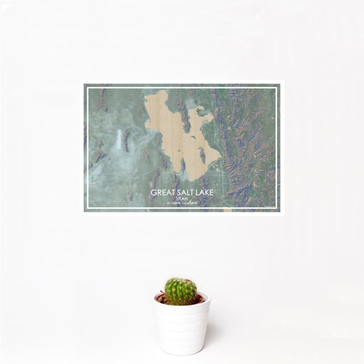 12x18 Great Salt Lake Utah Map Print Landscape Orientation in Afternoon Style With Small Cactus Plant in White Planter
