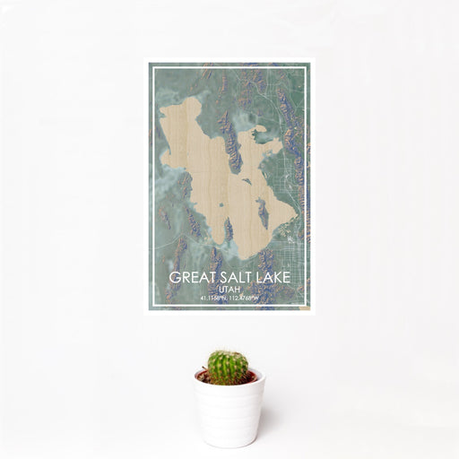 12x18 Great Salt Lake Utah Map Print Portrait Orientation in Afternoon Style With Small Cactus Plant in White Planter