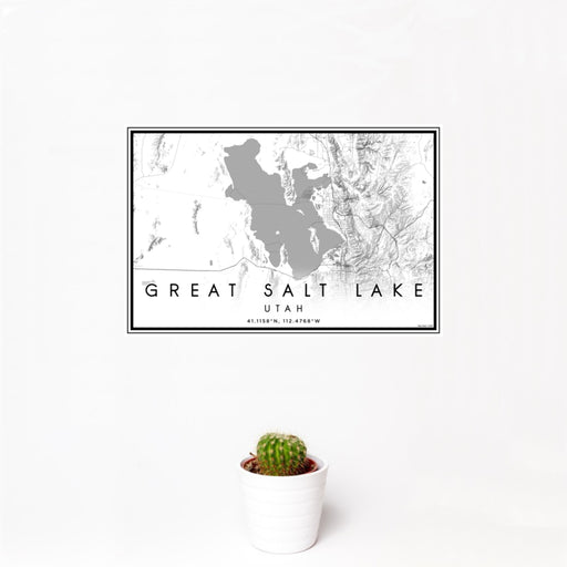 12x18 Great Salt Lake Utah Map Print Landscape Orientation in Classic Style With Small Cactus Plant in White Planter