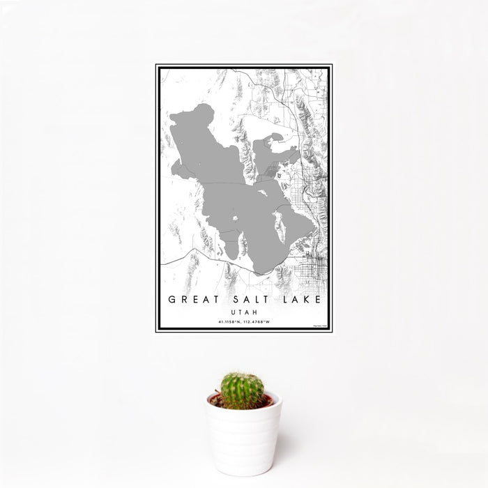 12x18 Great Salt Lake Utah Map Print Portrait Orientation in Classic Style With Small Cactus Plant in White Planter