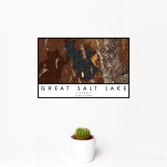 12x18 Great Salt Lake Utah Map Print Landscape Orientation in Ember Style With Small Cactus Plant in White Planter